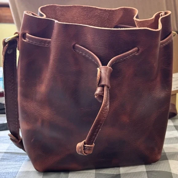 Brown Leather Drawstring Small Lava Bucket Bag - Picture 1 of 5